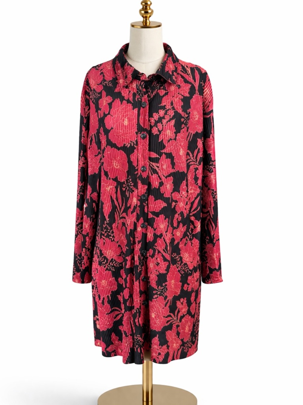 FORE XL Red Black Floral Pleated Button Front Tunic Shirt Dress
